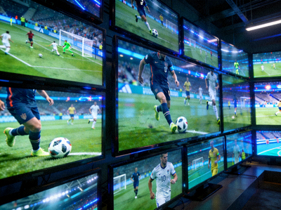 多屏幕体育直播现场显示足球比赛高清实时画面